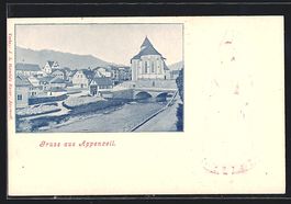 Appenzell, Ortsansicht und Frau in Trach