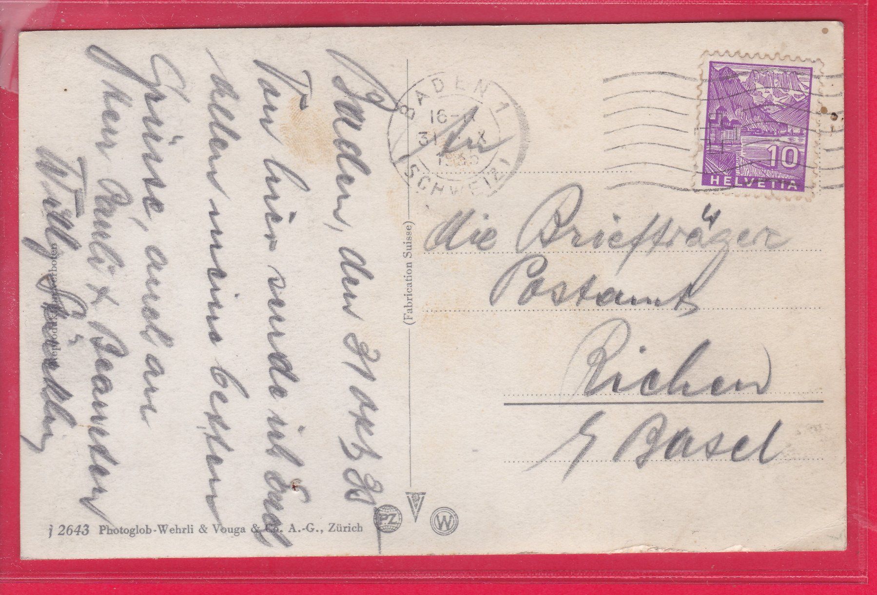 Ansichtskarten: BADEN, 31.10.1935 – Gebraucht aus Oberrieden von Gebirgsstelze 1