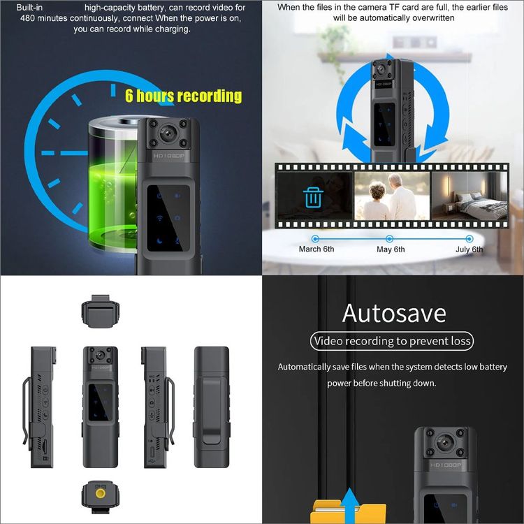 Mini-bodycamera, 180 ° Draaibare Lens 1080P HD Draagbare Politie