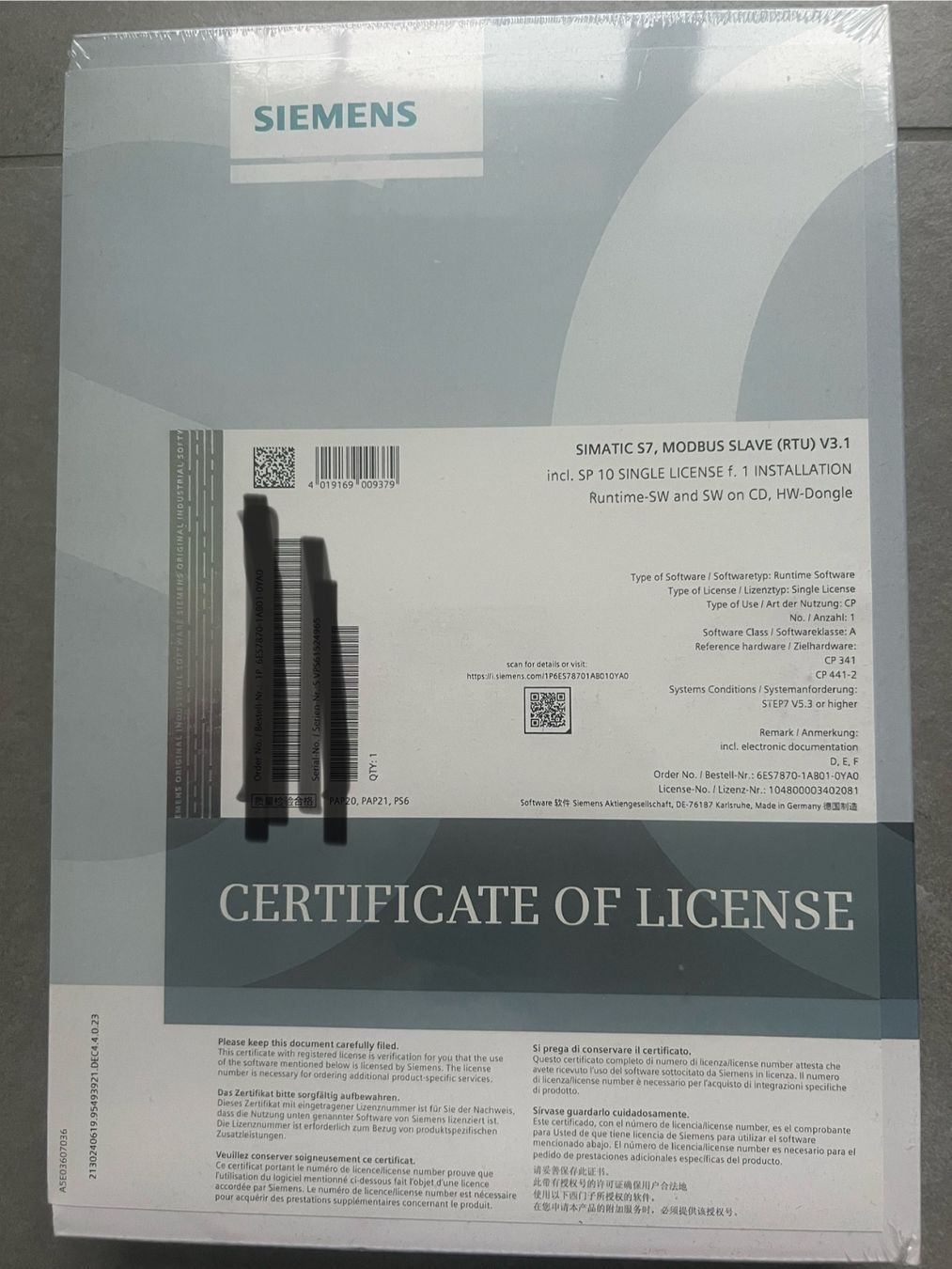 Software: Siemens Simatic S7 Modbus Slave (RTU) V3.1 - SP10 Lizenz – Nuovo e nell'imballaggio originale da Oensingen venduto da PK98