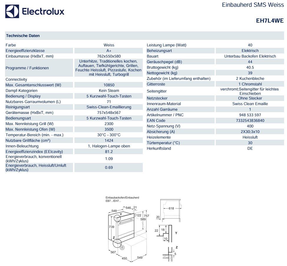 Electrolux Cucine: 042 Electrolux Einbauherd SMS Weiss 76x55cm – Nuovo (secondo la descrizione) da Derendingen venduto da Meisterstuecke 2