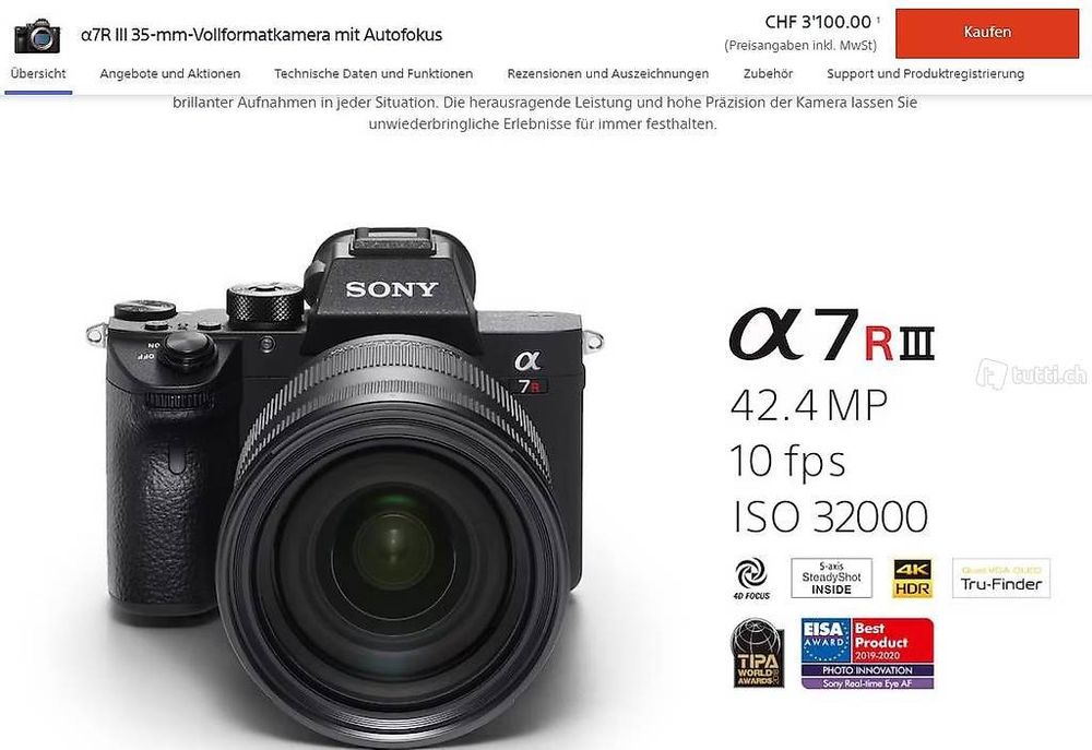 Sony Alpha 7R III Body 35-mm-Vollformatkamera (Gebraucht) in Zufikon ...