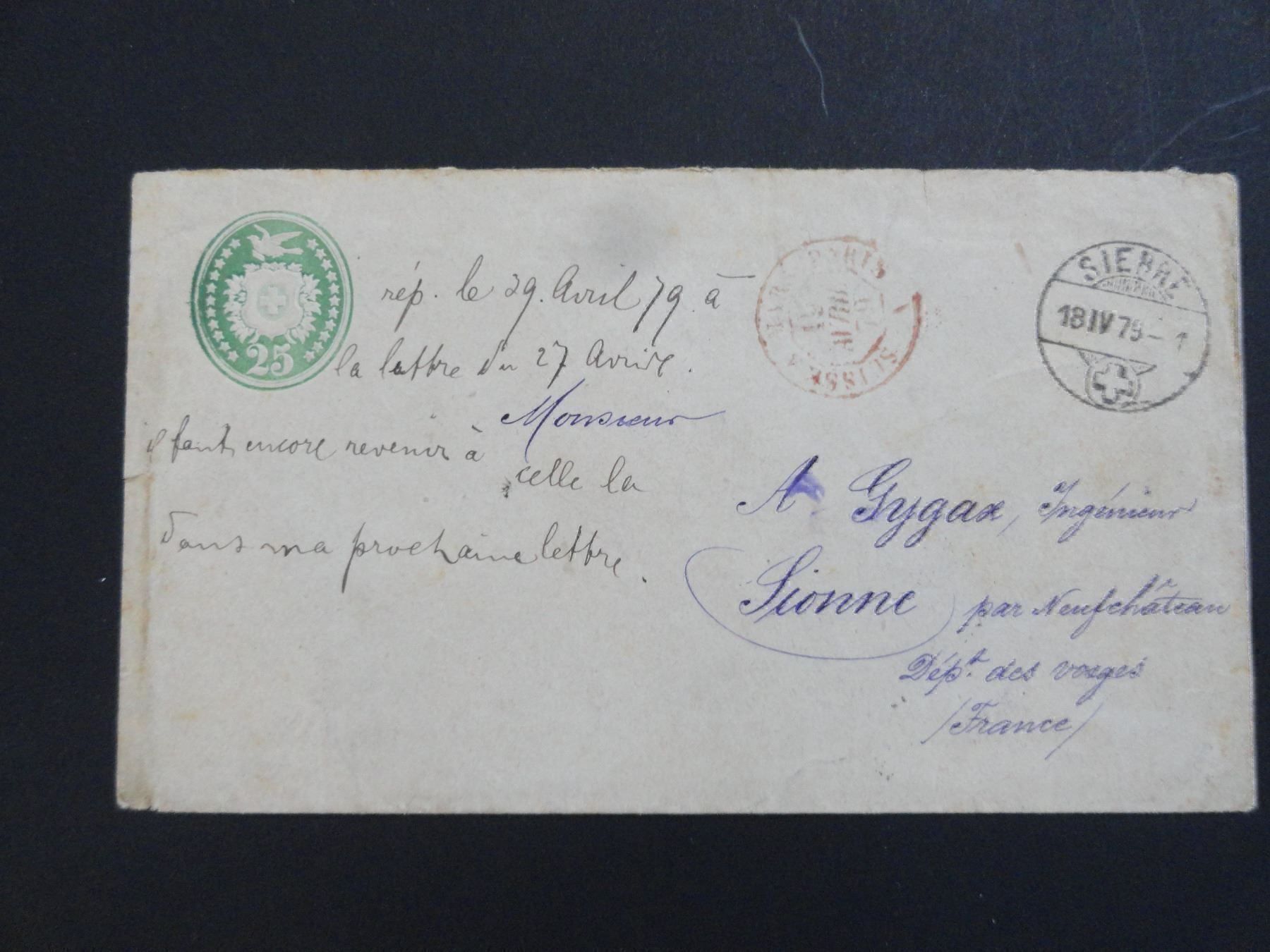 Tutti i francobolli: 1879, Brief von Sierre nach Frankreich – Usato da stäfa venduto da brandy66