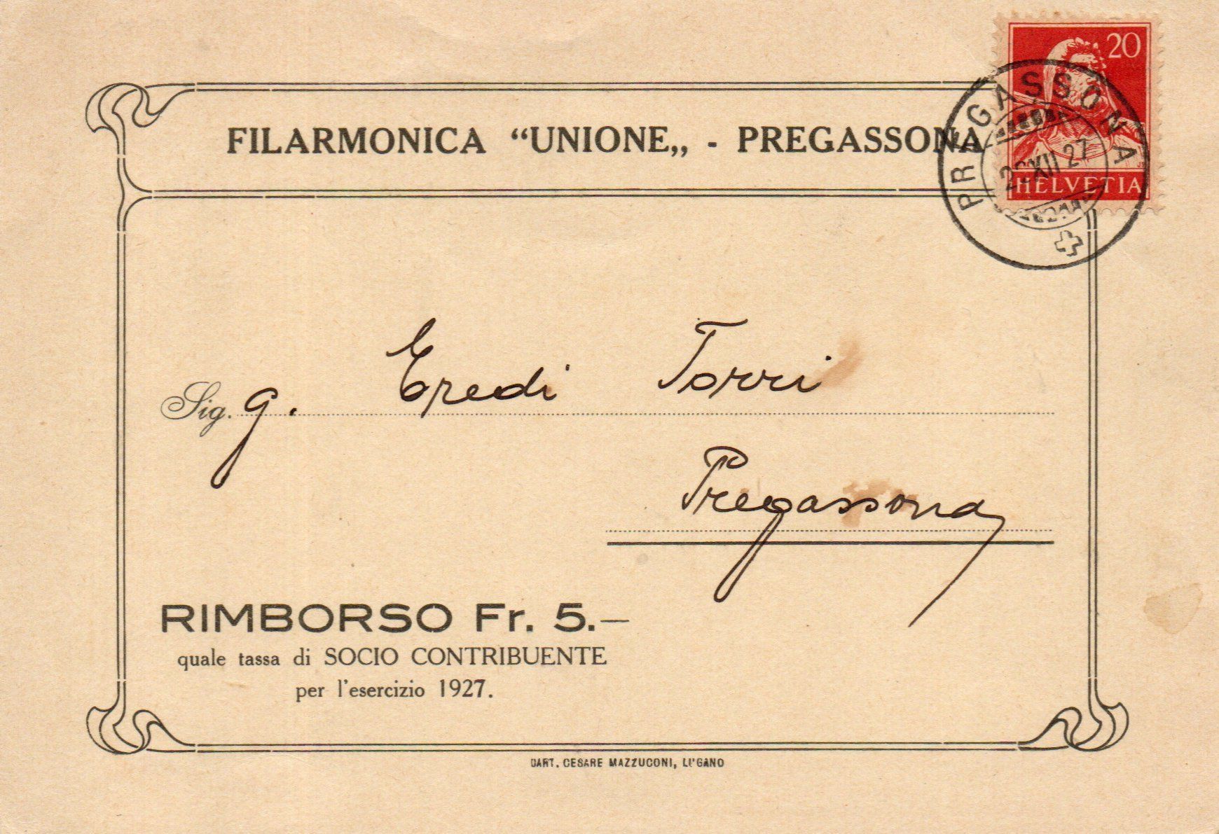 Alle Briefmarken: Filarmonica "Unione" - Pregassona – Gebraucht aus Melano von pisonsdro