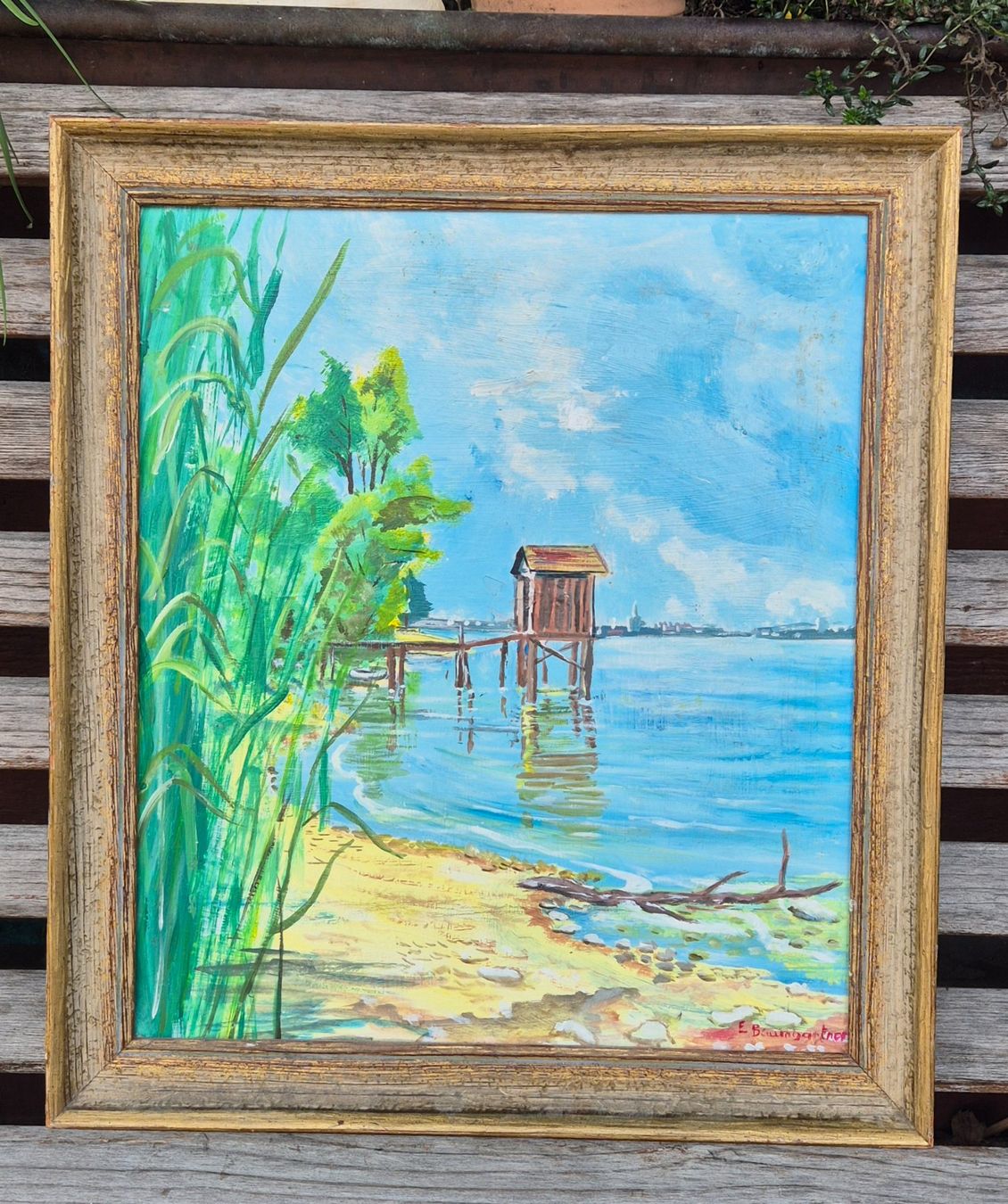 Dipinti: Oelbild am Seeufer von E. Baumgartner  48 x 42 cm – Usato da Neerach venduto da SilliS