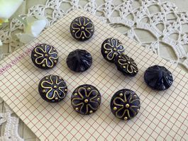 9 Knöpfe dunkel blau Gold Blumen boutons bleu