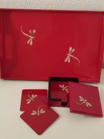 Plateau et boîte de 6 sous-verres, bois laqués rouges