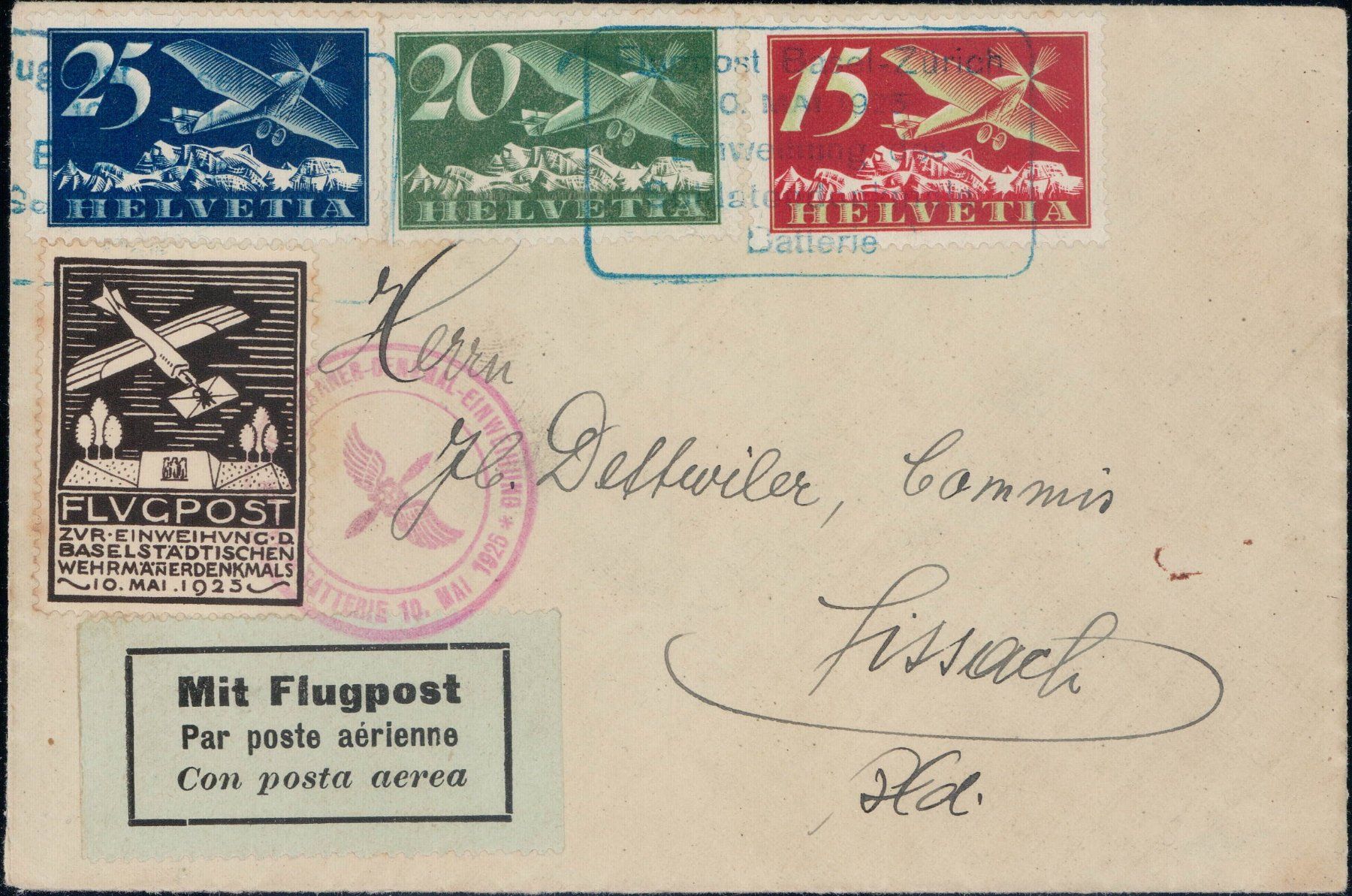 Tutti i francobolli: Flugpostbrief 1925 mit Vignette von Basel – Usato da Horw venduto da pilatusmail