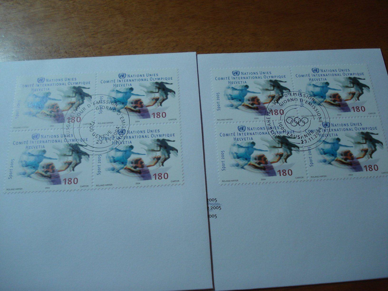 Alle Briefmarken: 2 mal Sportmarken UN, 2004, FDC Einzel + 4erblock – Gebraucht aus Niederwil AG von morostahu