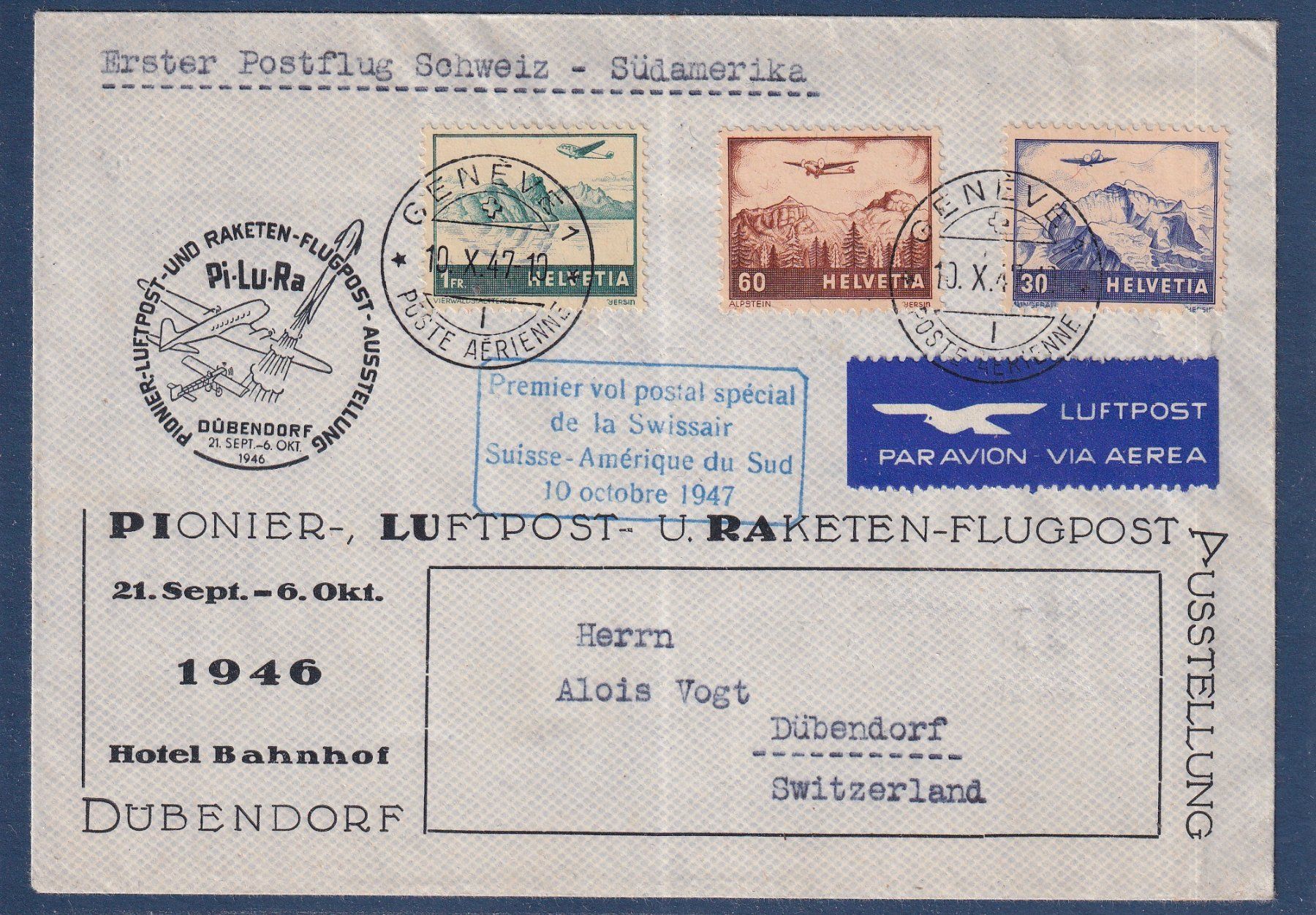 Tutti i francobolli: Erster Postflug CH - Südamerika  /  Genève 10.10.1947 – Usato da Orvin venduto da Pyaeschli