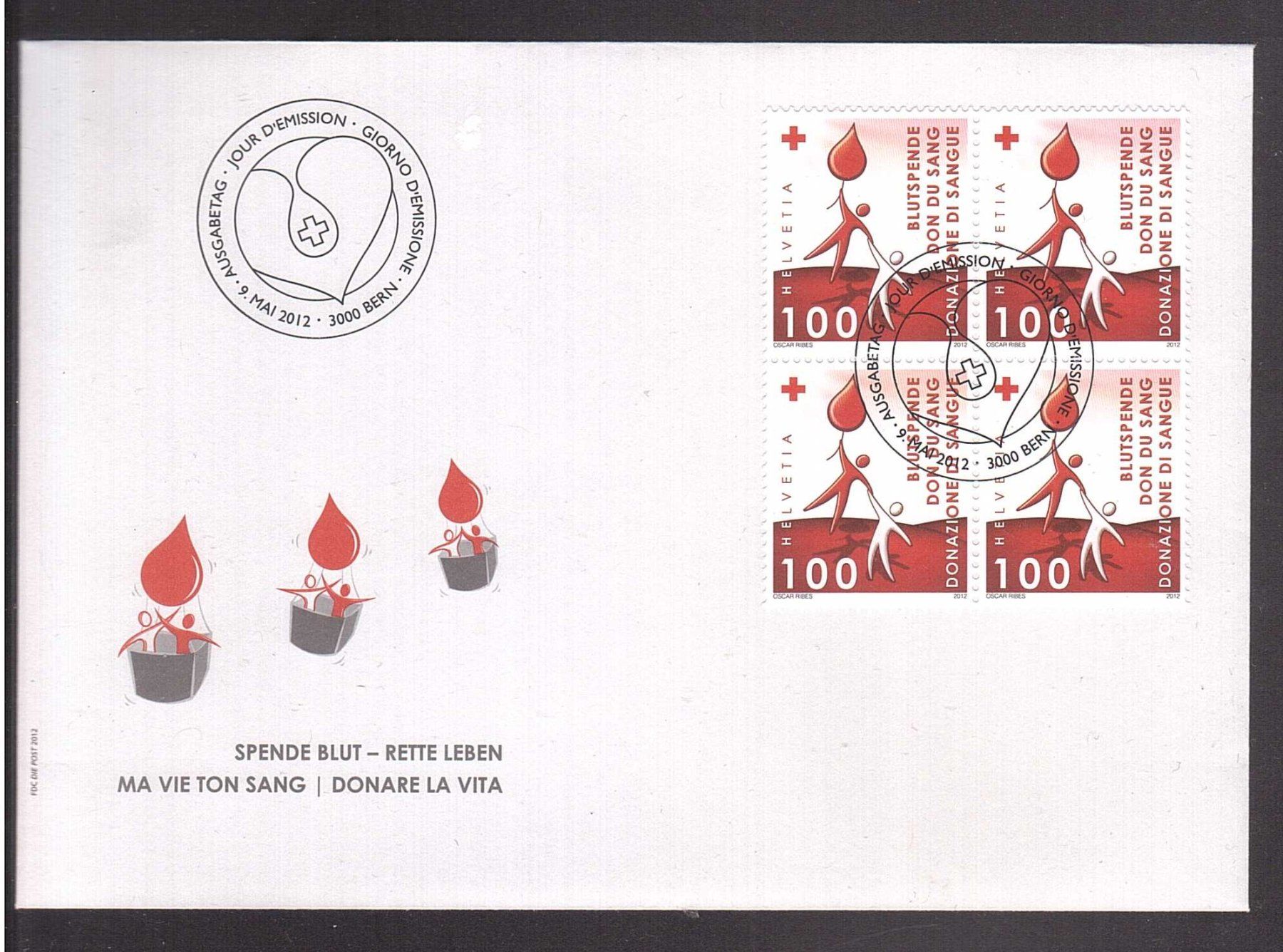 Alle Briefmarken: 2012  FDC 4er  Spende Blut – Gebraucht aus Rheinau von loxis