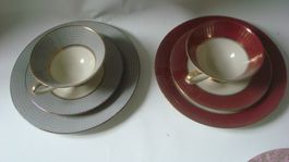 Vintage Geschirrsets 3-teilig 1 x grau / 1 x rot-gold