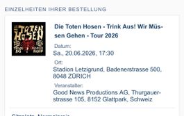 2 x Sitzplatz für Die Toten Hosen im Letzigrund am 20.6.26