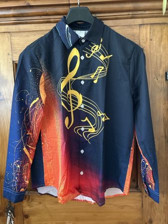 Herren Hemd langarm, Musiknoten Muster schwarz orange Gr. M