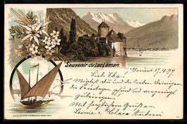 Litho Lac Leman, Château au bord du lac
