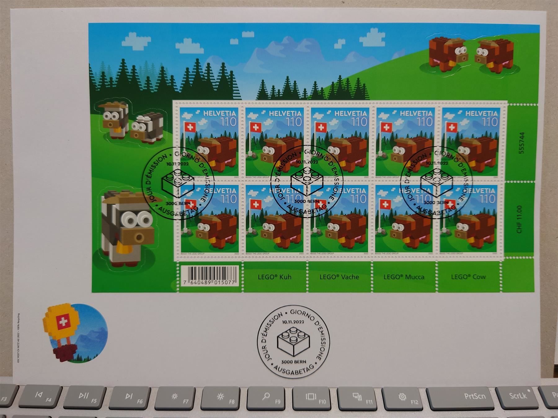 Tutti i francobolli: FDC Kleinbogen Lego Kuh mit Sticker! – Usato da Rickenbach SO venduto da Bytebull
