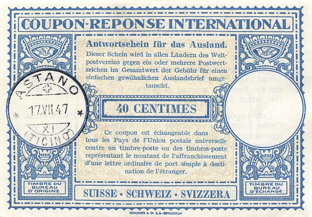 Cartes postales: Coupon Risposta Internazionale Astano 17.7.1947 – D'occasion à Biasca par Blenio71