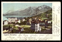 AK Lugano-Paradiso, Ortsansicht mit See und Bergen