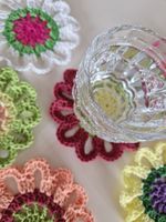 6 Gehäkelte bunte Blumen Untersetzer, Coaster, Handmade