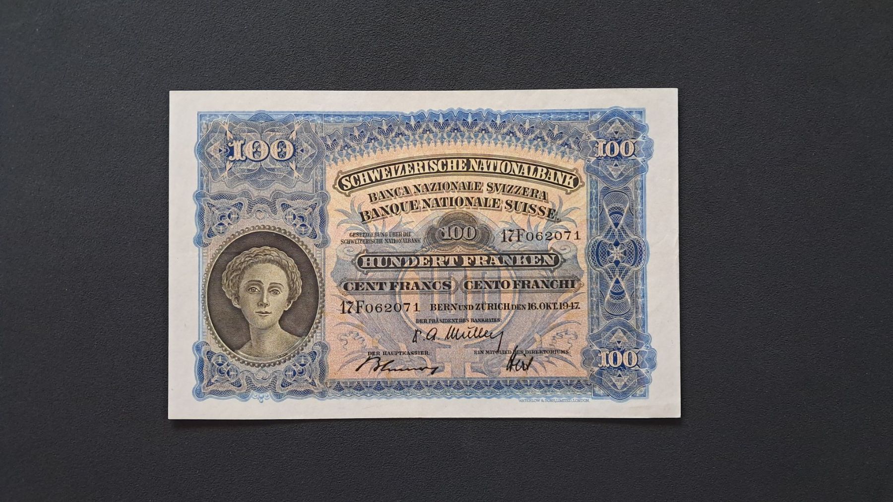 Banconote: Schweiz 100 Franken 1947 aUnc – Usato da Lufingen venduto da E-Auktion
