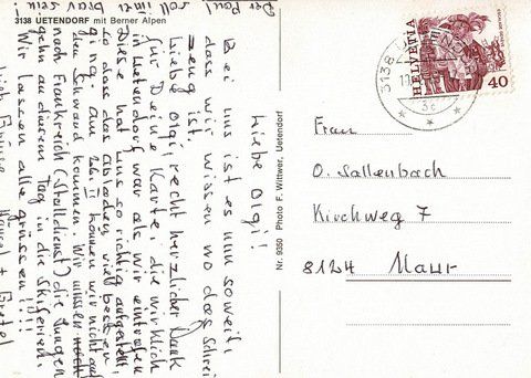 Ansichtskarten: Ansichtskarte Uetendorf mit Berner Alpen, gelaufen – Gebraucht aus Ebmatingen von desalli 1