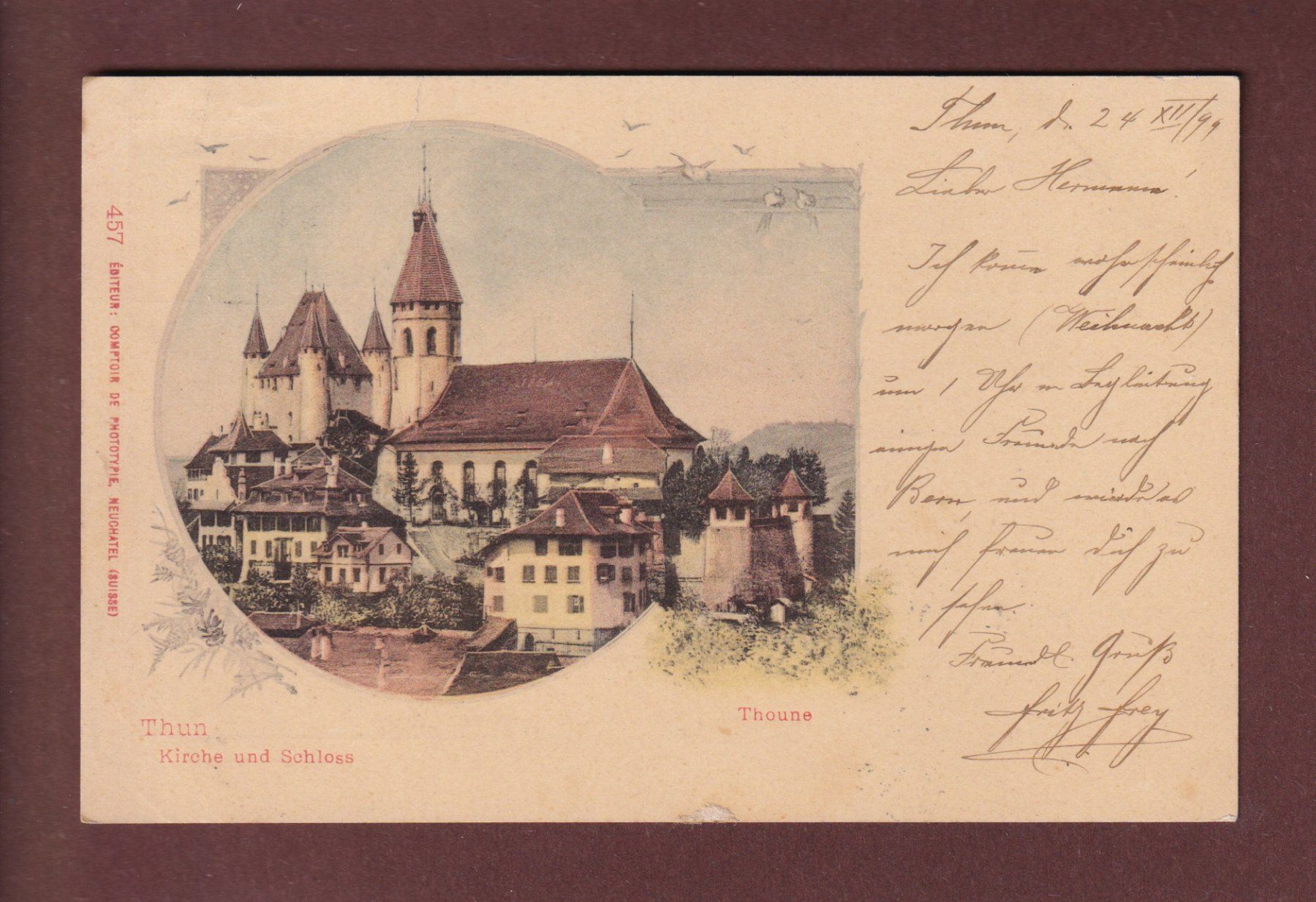 Ansichtskarten: THUN - Kirche und Schloss - 1899 CPN – Gebraucht aus Pully von nicecards