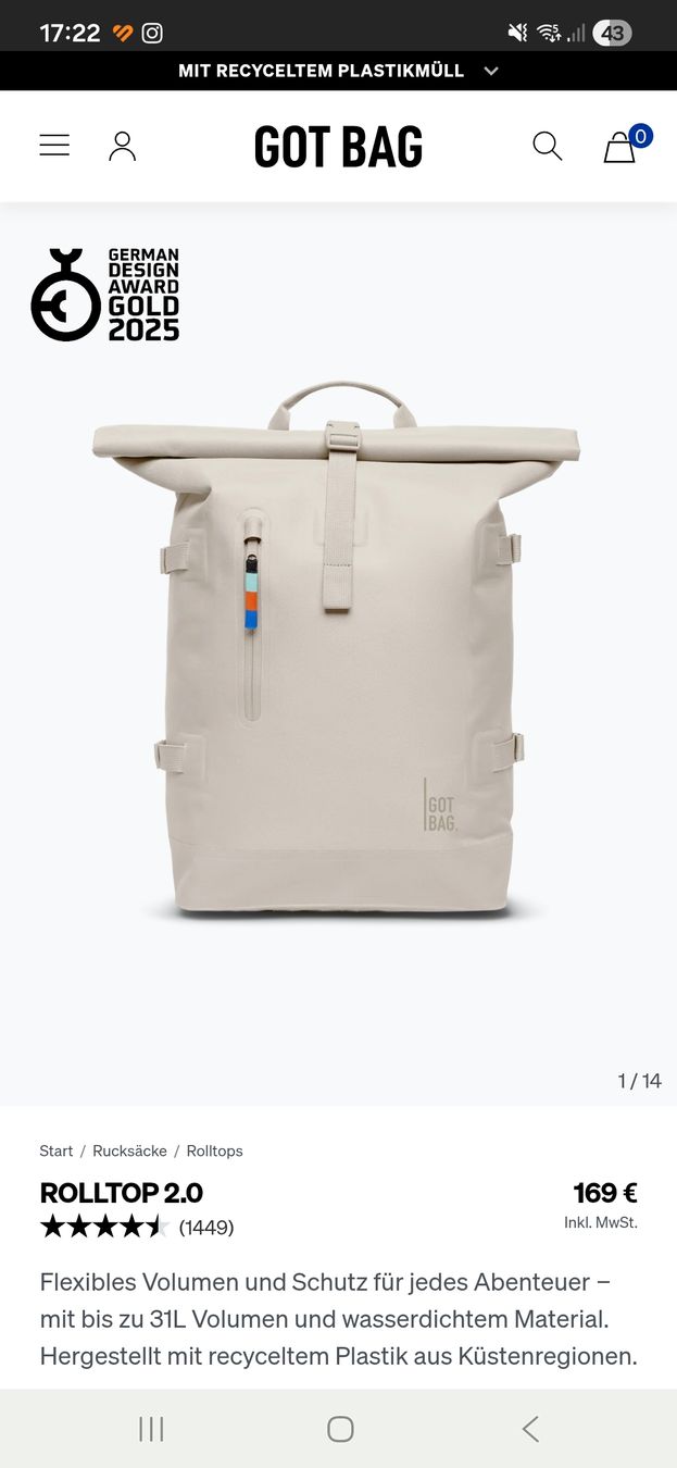 Zaini: GOT BAG Rolltop 2.0 Rucksack beige gebraucht – Usato da Rümlang venduto da Sarah_90_EB 3