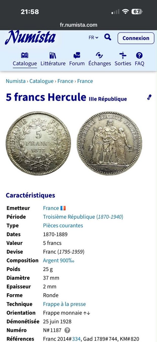 Tutti le monete: France 5 Francs 1876 VZ – Nuovo (secondo la descrizione) da Zürich venduto da Tasmiyah 7