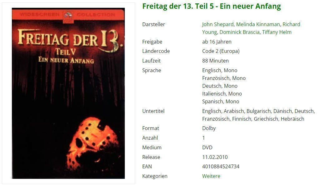 Tutti i DVDs: Freitag der 13. Teil 5 - DVD – Usato da Buchrain venduto da Sssschaller