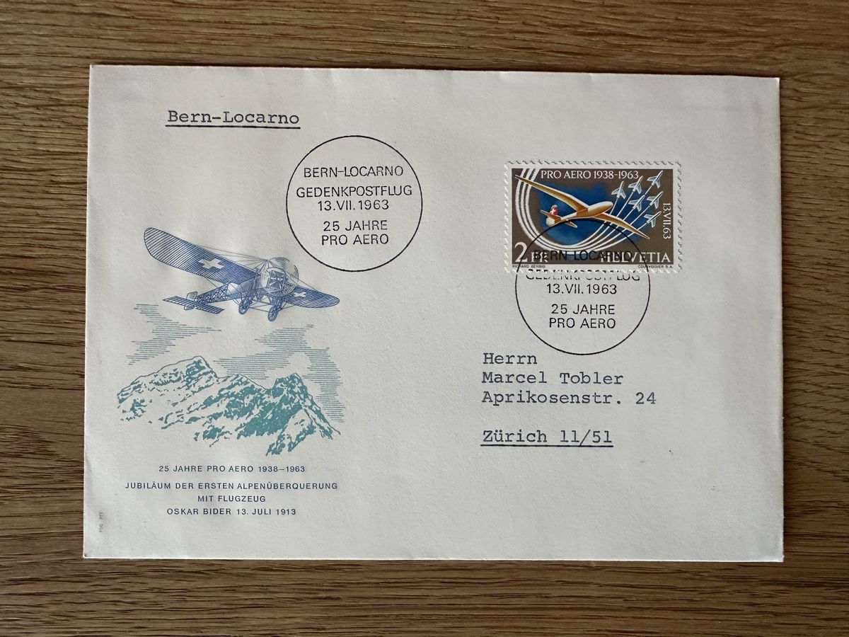Tutti i francobolli: Schweiz - 1963 Gedenkpostlug Bern-Locarno FDC – Usato da Schmitten / FR venduto da Samsara169