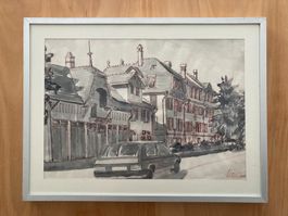 Aquarell Zeichnung Original sign. Herrli  '86  Städtli Nidau