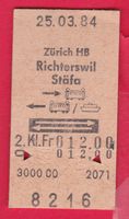 KARTON BILLETT, ZÜRICH HB - STÄFA, 2.KLASSE, RETOUR