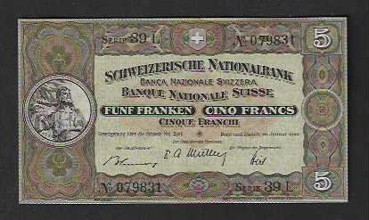 Banknoten: CH  -  5  Fr.  1949  Bankfrisch – Neu (gemäss Beschreibung) aus Gordola von coinsandnotes