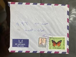 Jordanien 1992 Luftpostbrief 5 F Schmetterling 75 F König