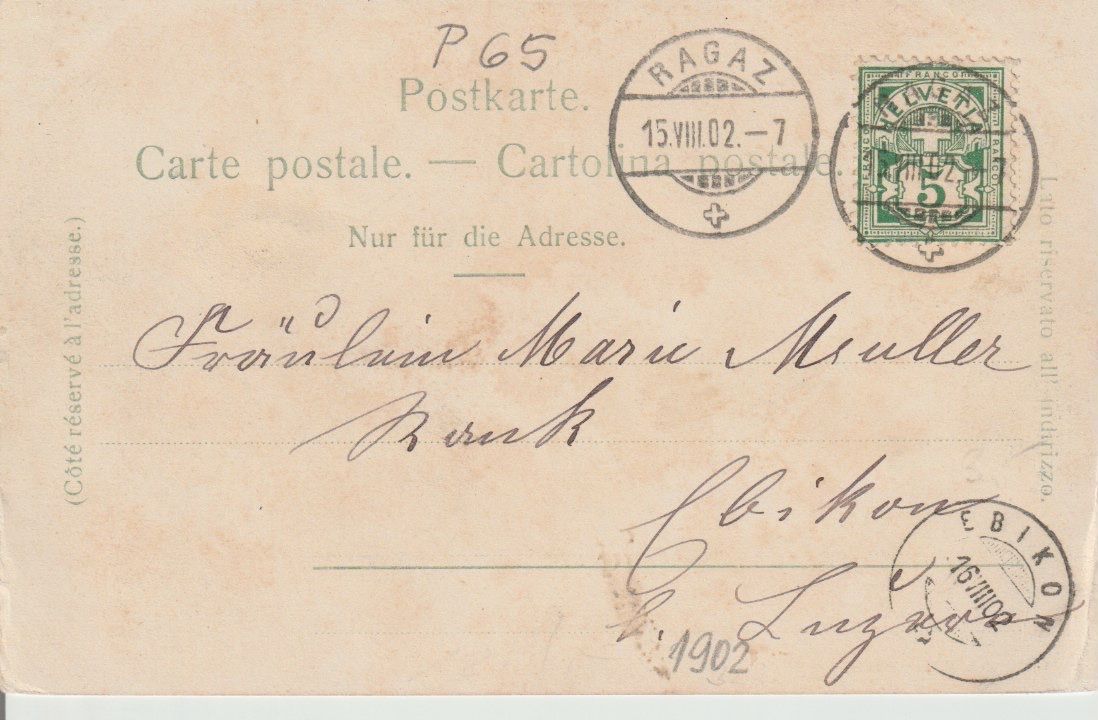 Cartoline postali: P 65 Ragaz, Totalansicht, 1902 – Usato da Freienbach venduto da Bhaltis 1