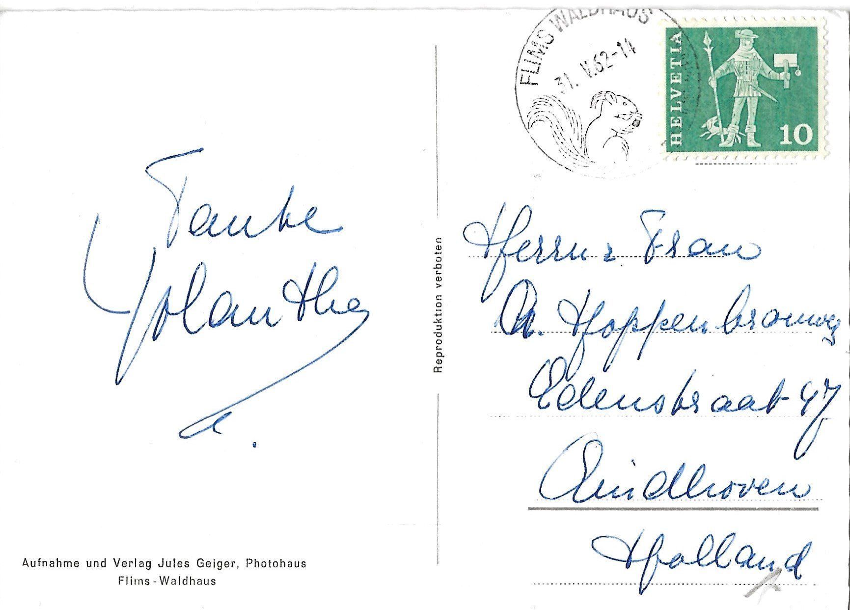 Cartoline postali: Flims-Waldhaus, Jules Geiger, 1963 – Usato da Frauenfeld venduto da Merk52 1