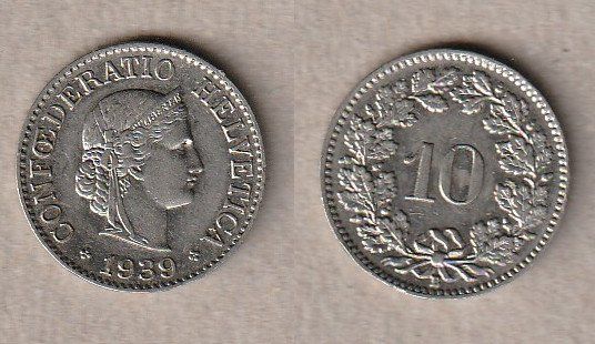 Tutti le monete: 10 Rappen 1939 Nickel – Usato da Allschwil venduto da Coinfreak