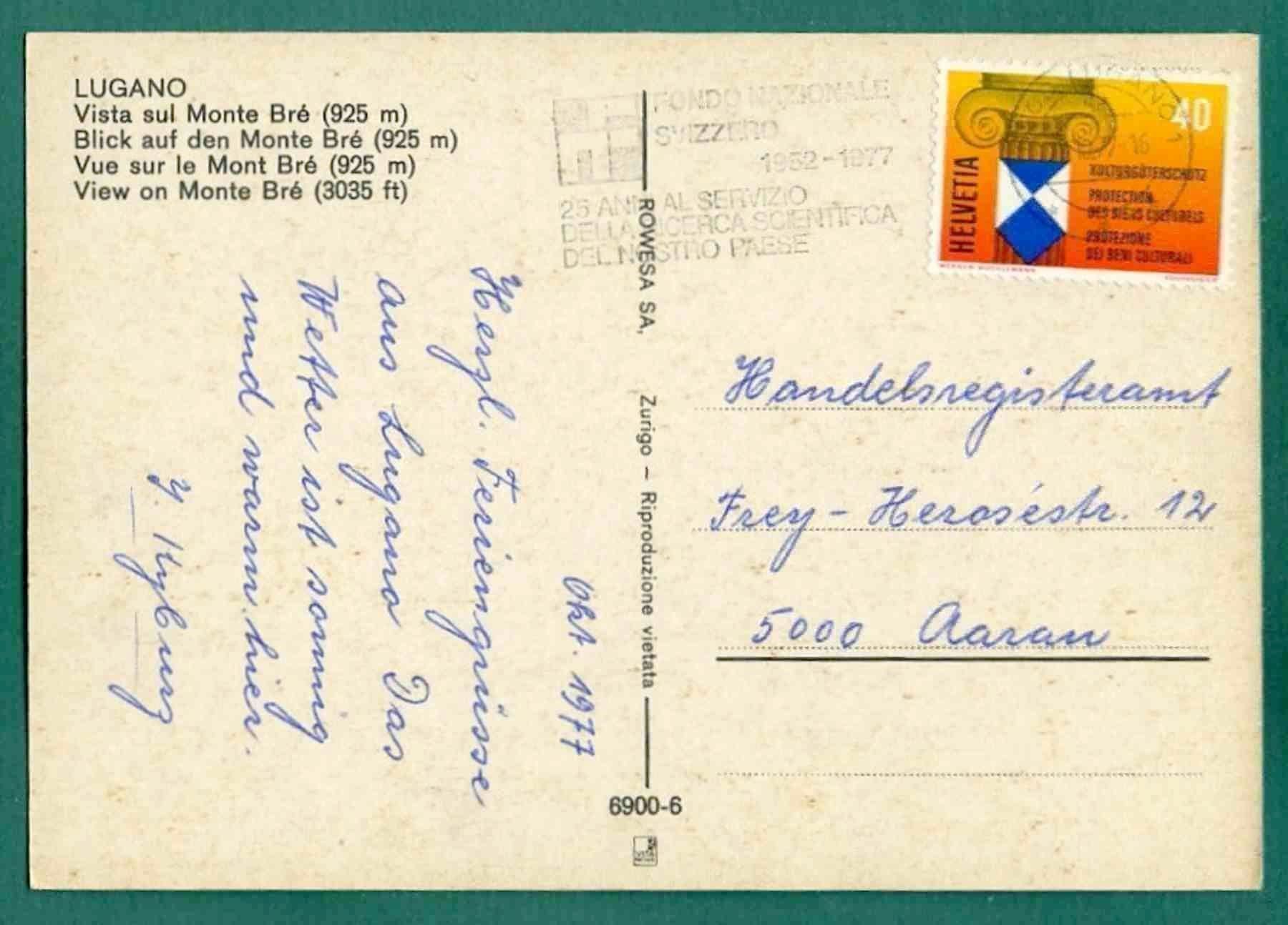 Cartoline postali: Lugano, Vista sul Monte Brè, 1977, gelaufen, Grossformat – Usato da Sargans venduto da Hausi1951 1