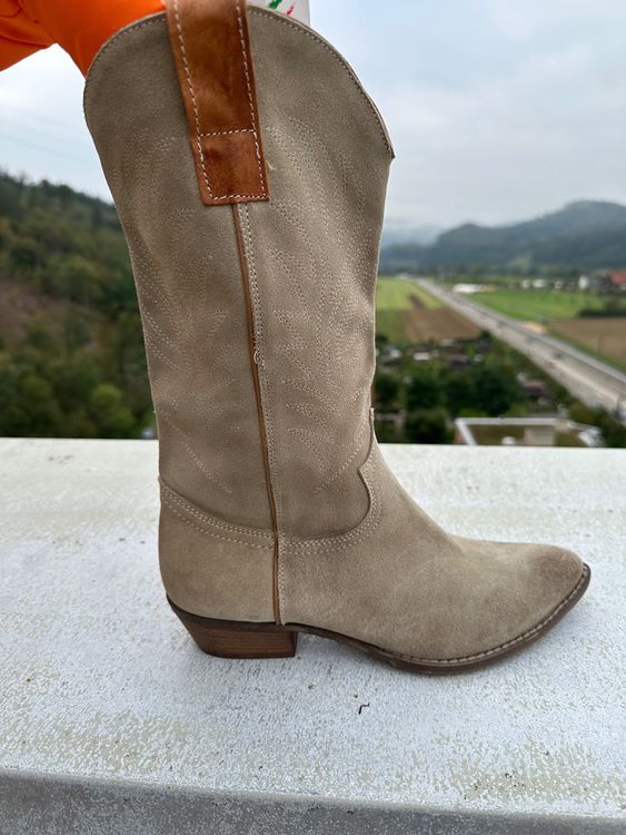 Damen Wildleder Cowboystiefel Braun - Halbstiefel Mit Blockabsatz Western Style