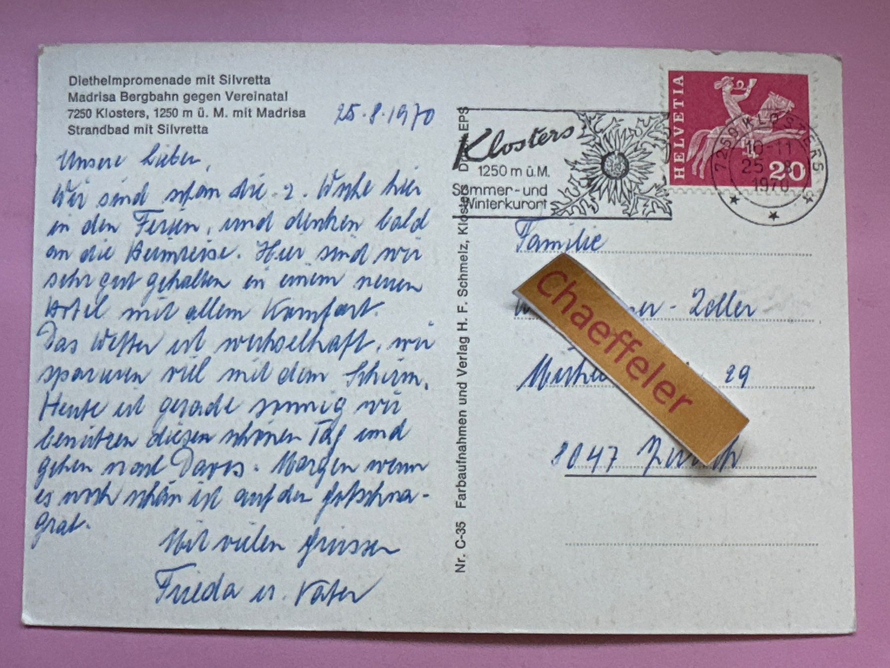 Cartoline postali: 1970 Klosters – Usato da Zürich venduto da Chaeffeler 1
