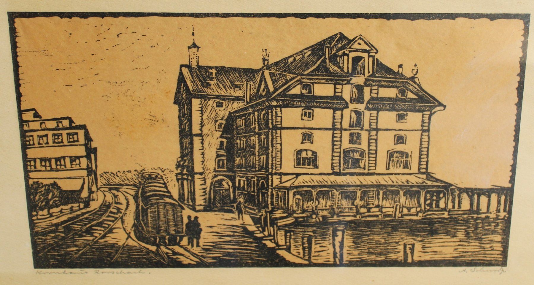 Xilografie: Schürig A. Holzschnitt Kornhaus Rorschach handsigniert – Usato da Zürich venduto da Auctionata 1