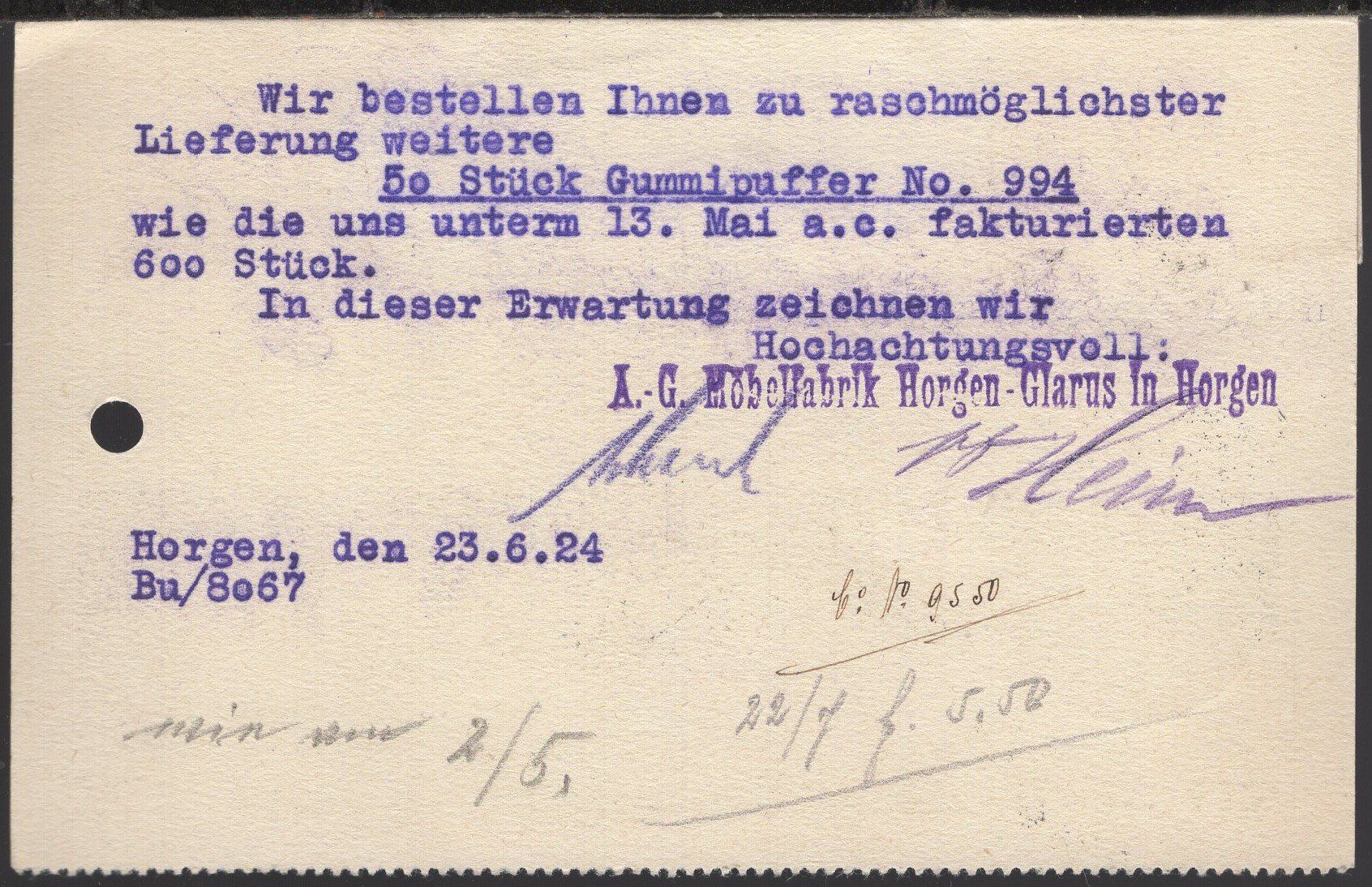 Tutti i francobolli: Horgen - Glarus  Möbelfabrik   1924 – Usato da Aarau venduto da kufi44 2