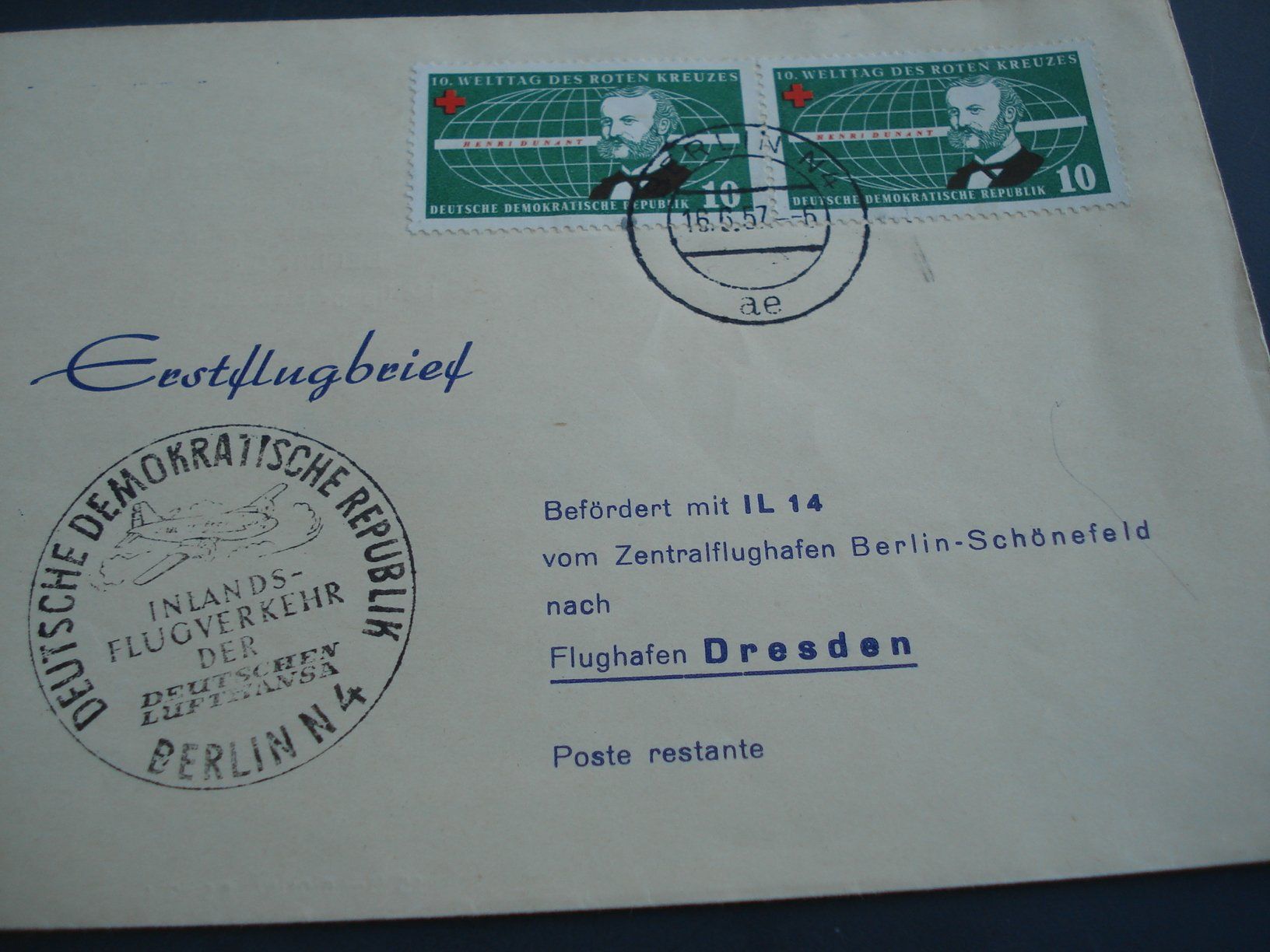 Tutti i francobolli: DDR Erstflugbrief 1957, Berlin-Dresden, Lufthansa – Usato da Niederwil AG venduto da morostahu 1