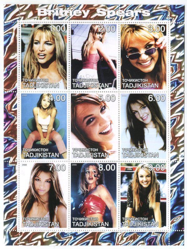 Alle Briefmarken: Block "Britney Spears". Tadschikistan. – Neu und originalverpackt aus Basel von Butsch5