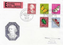 PRO JUVENTUTE EXPRESS FDC SATZ 1957 SCHMETTERLINGE etc.