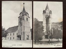 LE LOCLE Le Temple & Le Clocher, 2 CP, 1902 + 1907