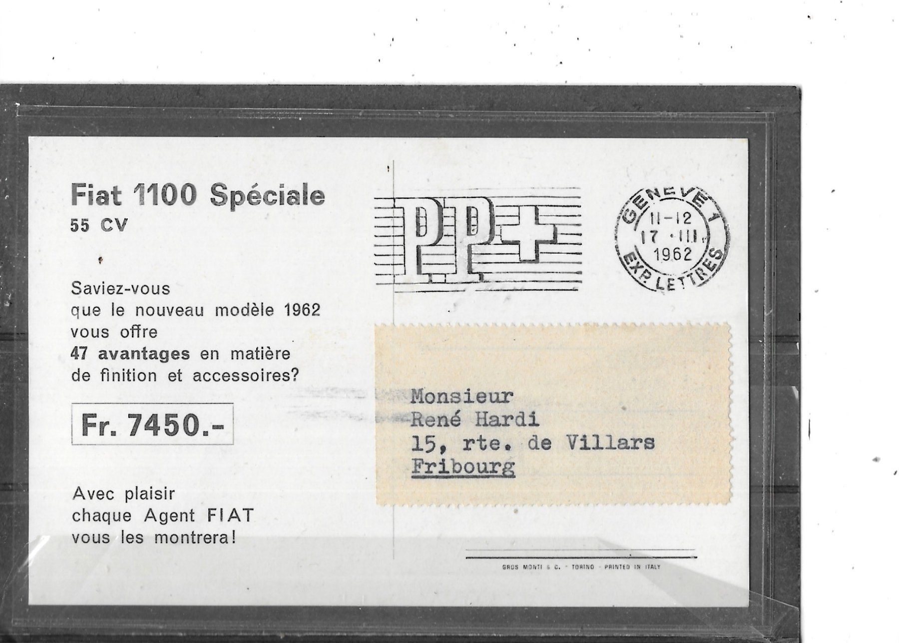 Cartoline postali: Ansichtskarte Auto FIAT 1100 Spéciale 1962 – Usato da Schocherswil venduto da Wilare 1