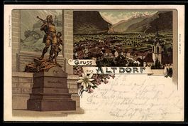 Lithographie Altdorf, Wilhelm Tell Denkmal und Ortsansicht m
