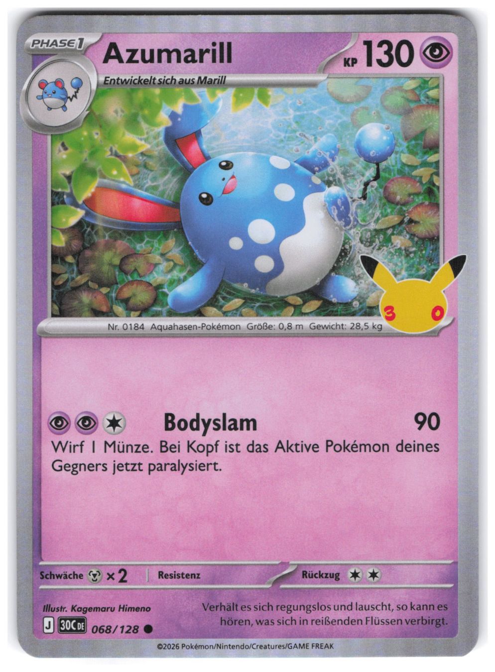 Pokémon Carte collezionabili: Azumarill / 30 Jahre / 30C 068 – Nuovo (secondo la descrizione) da Arni AG venduto da PokemonCardsStore