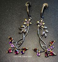 Flower Bouquet Design Red Garnets & Amethysts 925SS Earrings